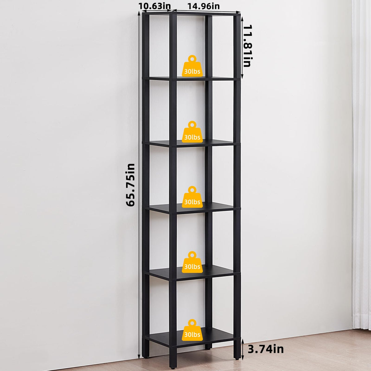 6 Tier Tall Skinny Black Bookshelf G555766