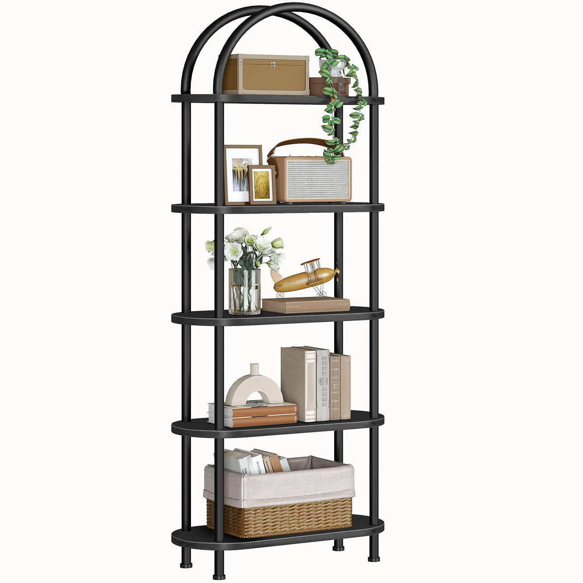 5 Tier Arched Wooden Bookshelf Metal Frame M19247