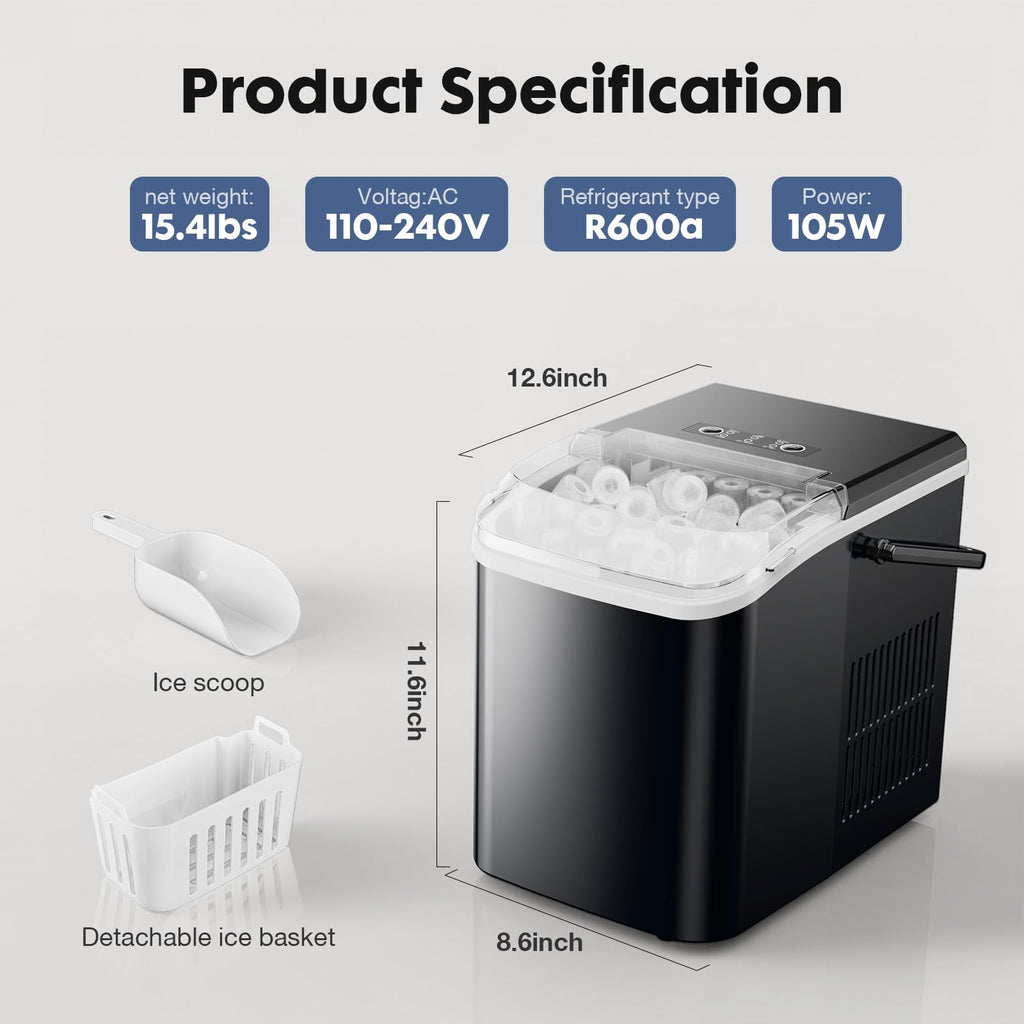 Portable Countertop Ice Maker with Scoop and Basket, 26.5lbs, Coal Black A7268