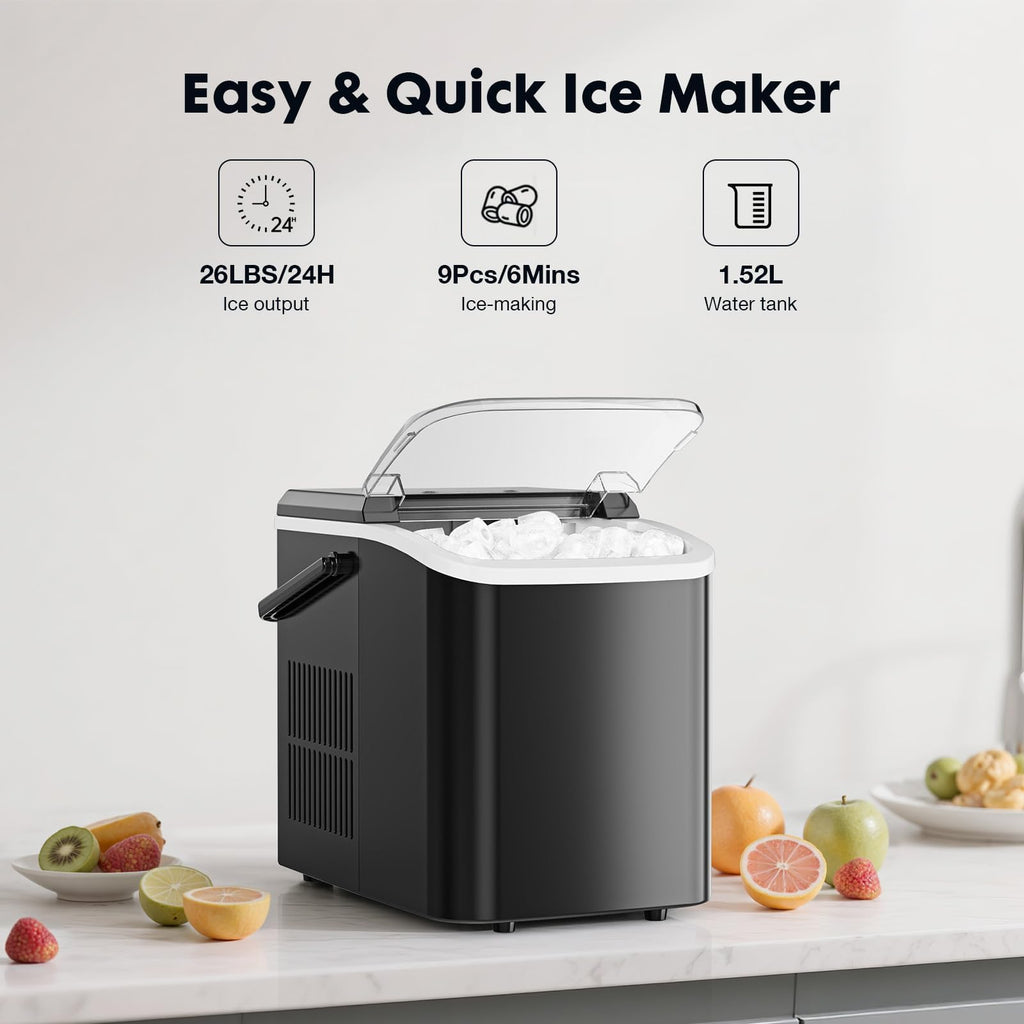 Portable Countertop Ice Maker with Scoop and Basket, 26.5lbs, Coal Black A7268