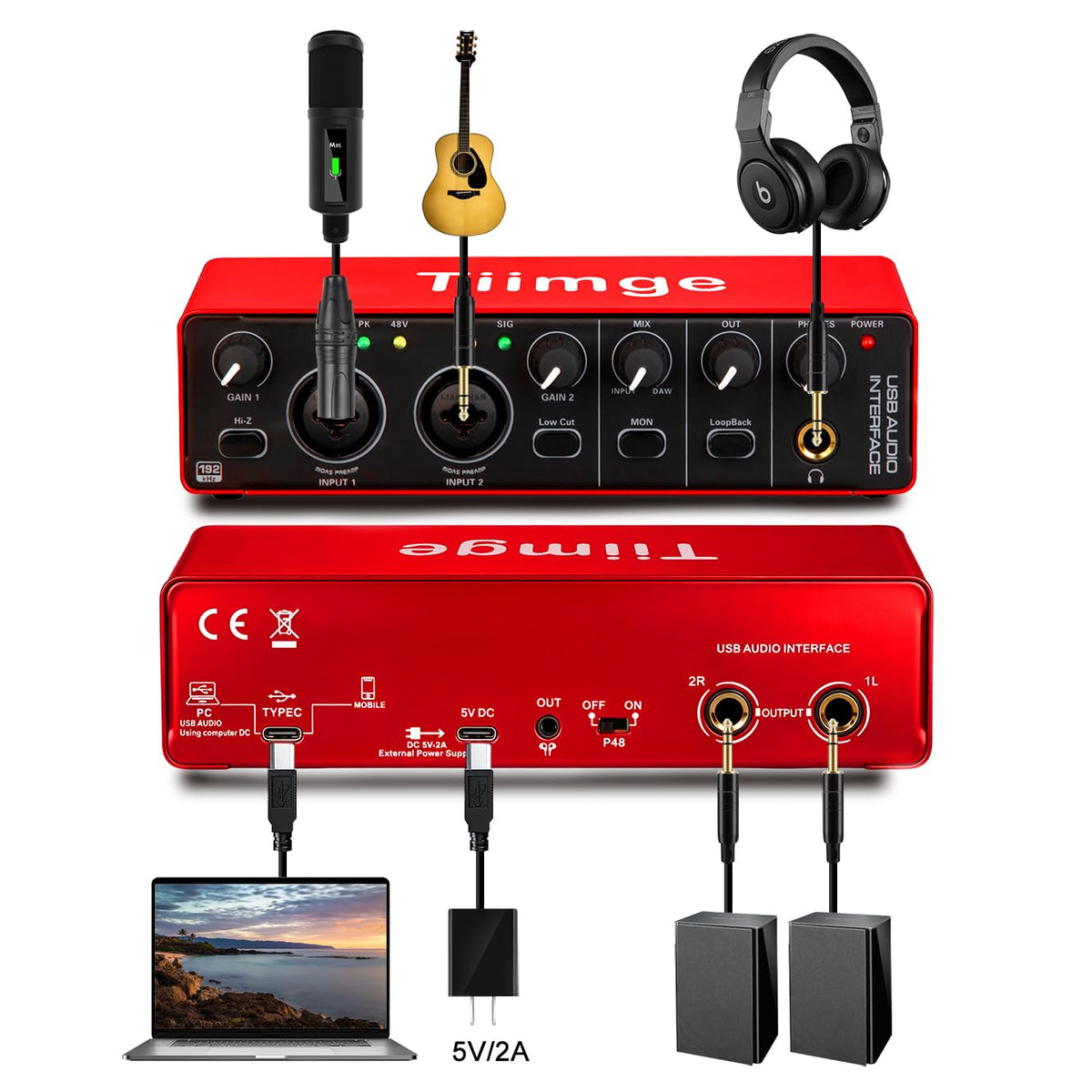 USB Audio Interface with 48V Phantom Power, 24Bit/192kHz, XLR/TRS Inputs R9558