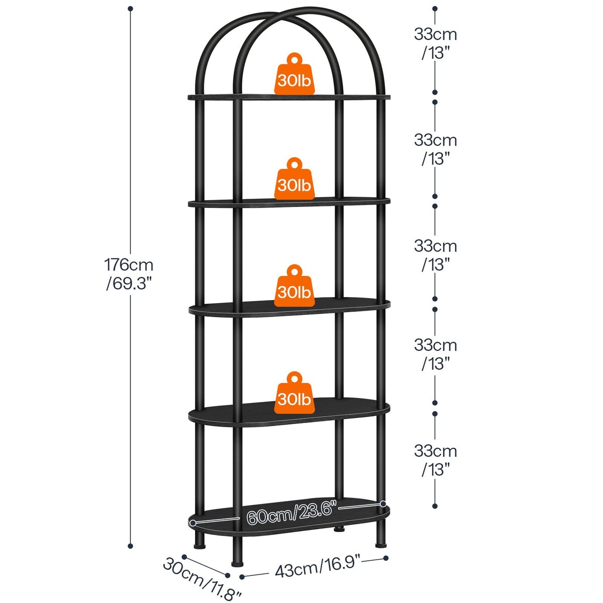 5 Tier Arched Wooden Bookshelf Metal Frame M19247
