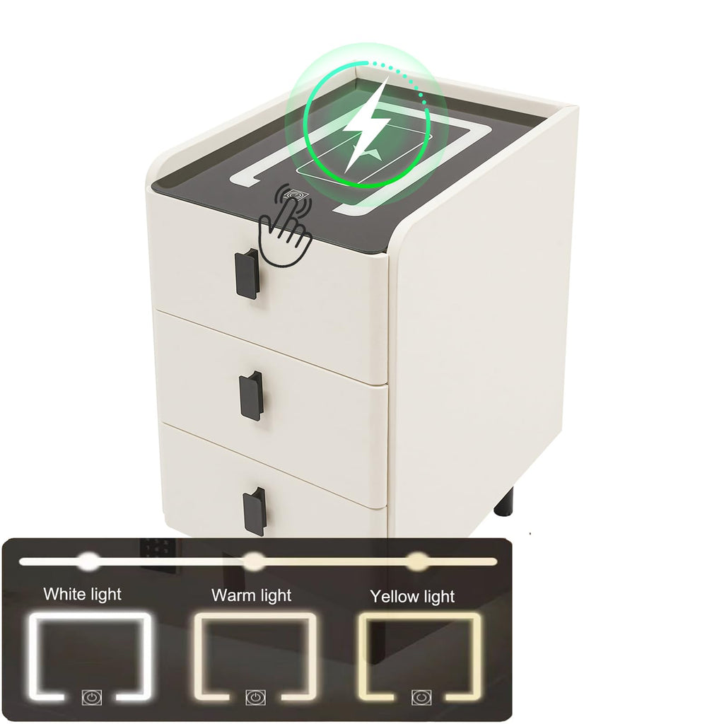 White Smart Nightstand with Wireless Charging Station & Adjustable LED Lights, 3 Drawers X783
