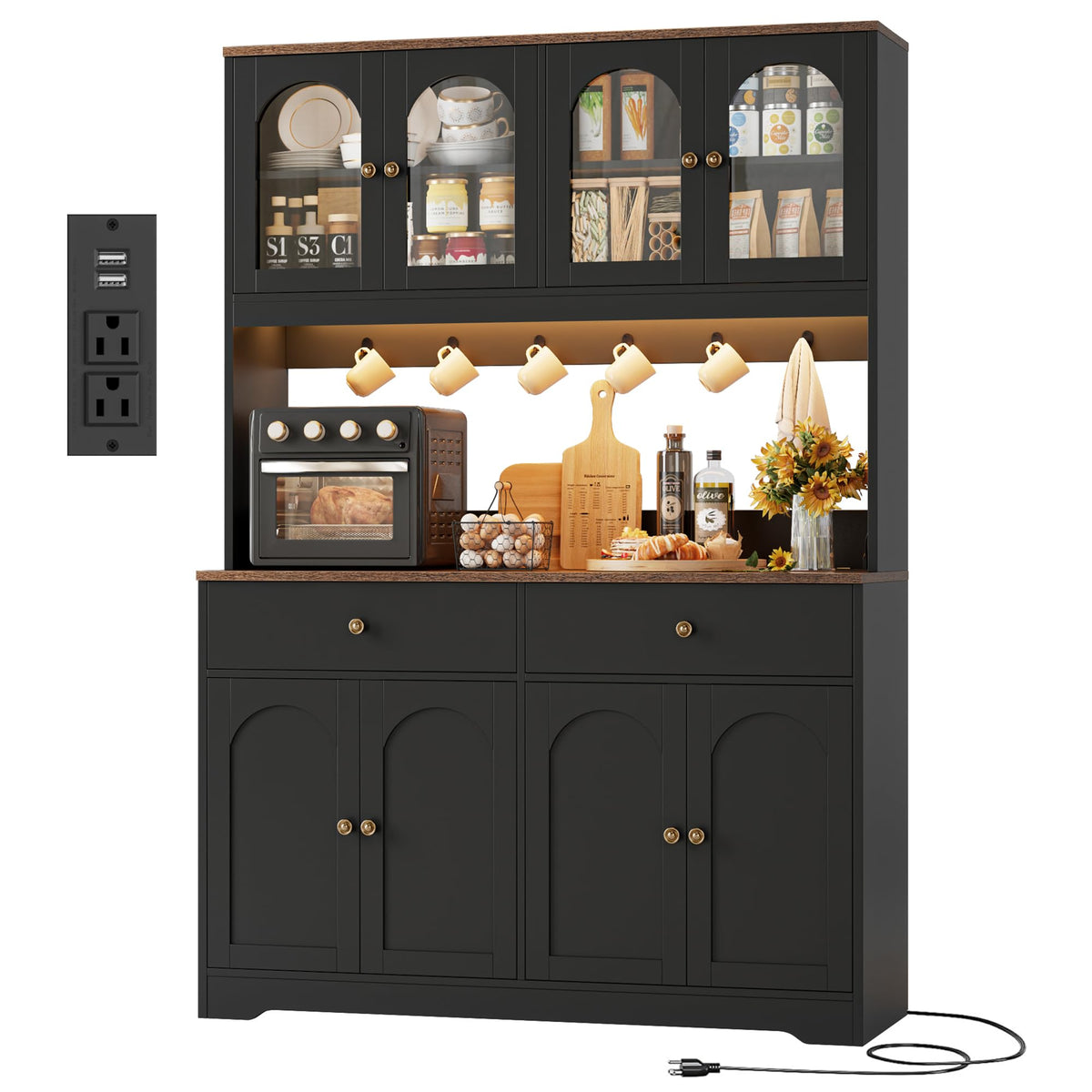 71" Black Kitchen Pantry Cabinet with Power Outlet Y825