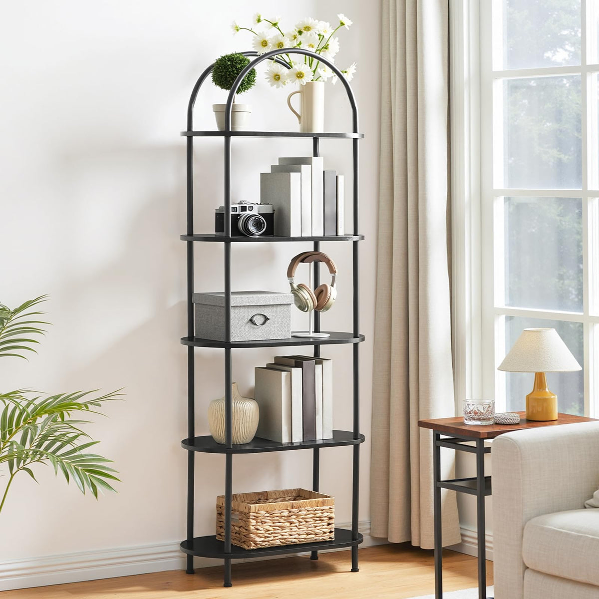 5 Tier Arched Wooden Bookshelf Metal Frame M19247
