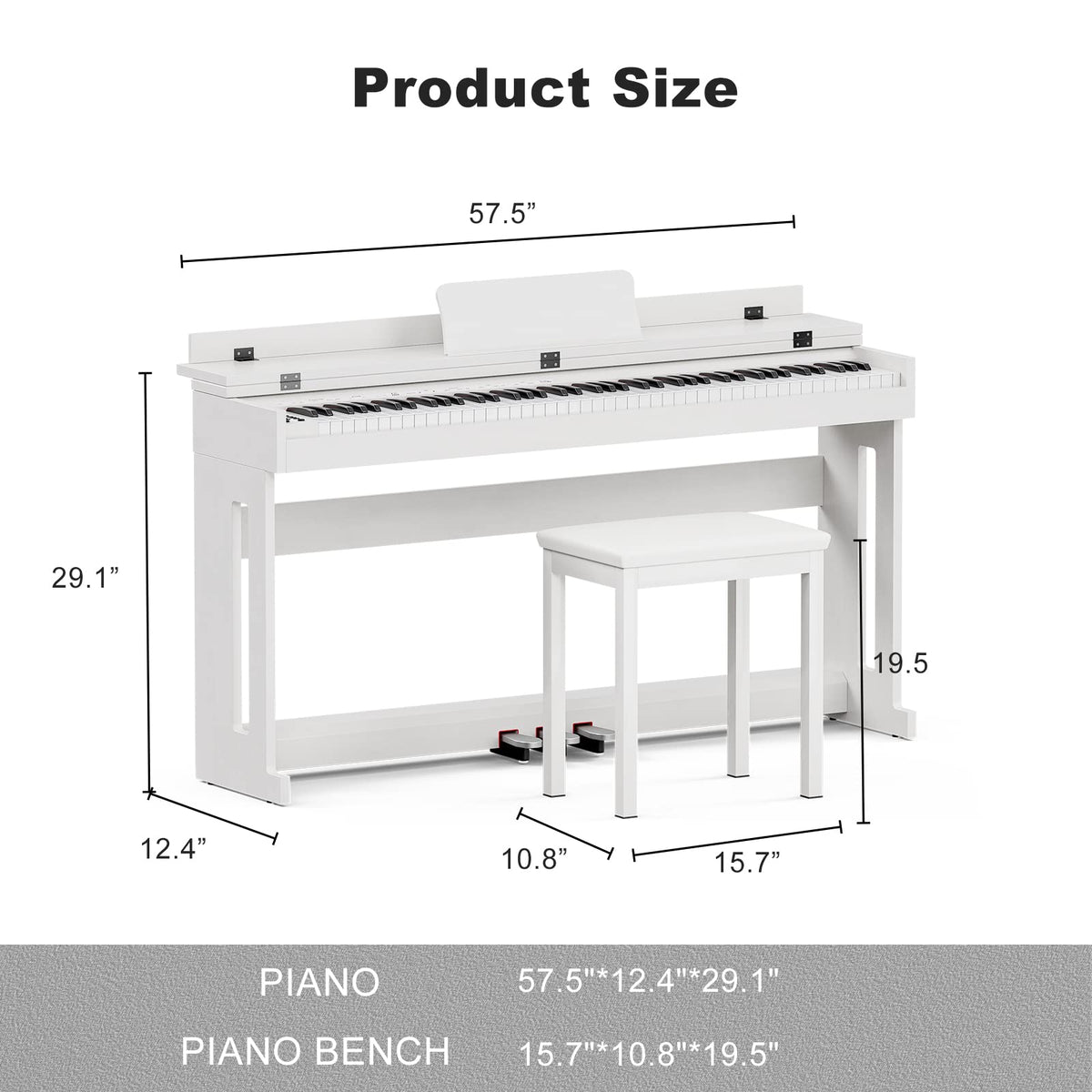 88-Key Weighted Hammer Action Digital Piano with Bench, 3 Pedal Wood Stand, White N654186