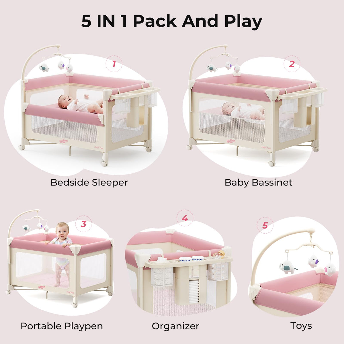 5 in 1 Pack and Play Bedside Crib Playard with Mattress Q694686