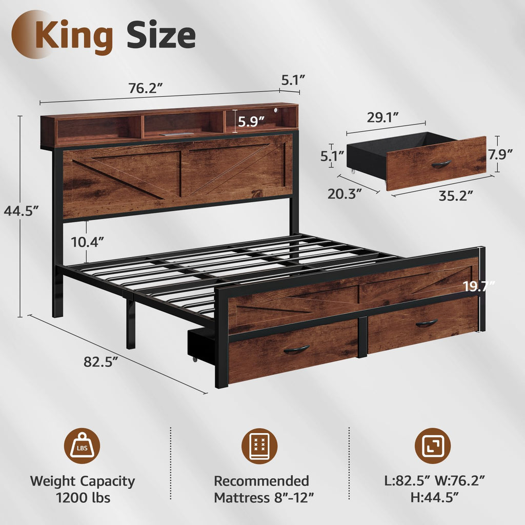 King Size Bed Frame with Storage Drawers and Charging Station B765