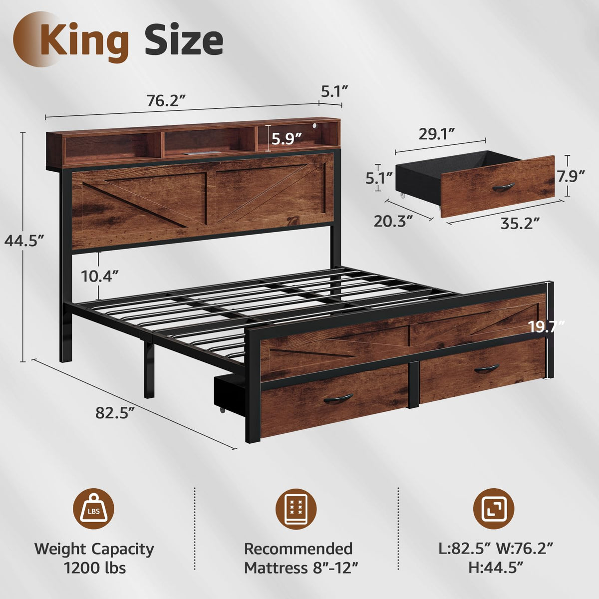 King Size Bed Frame with Storage Drawers and Charging Station B765