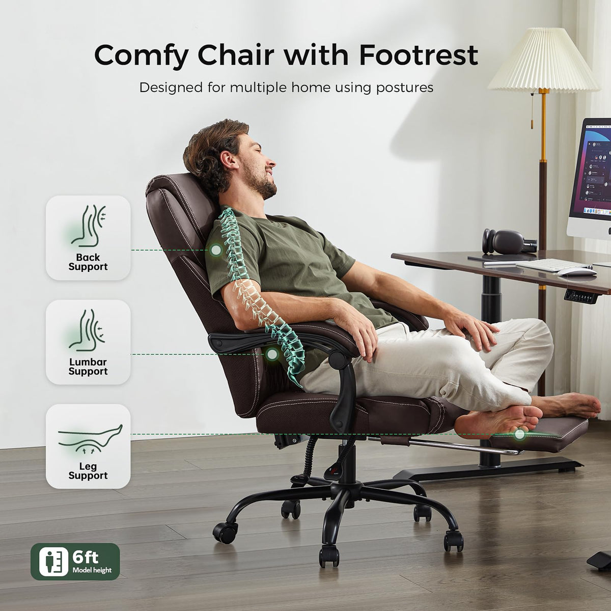 Big and Tall Office Chair with Footrest, Lumbar Support, Brown T733892