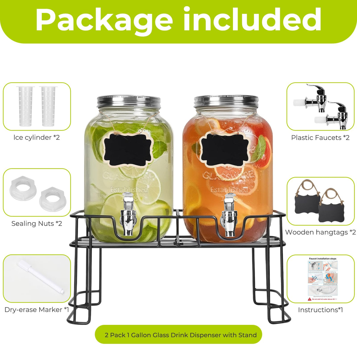 2 Pack 1 Gallon Glass Drink Dispensers with Ice Core E32857