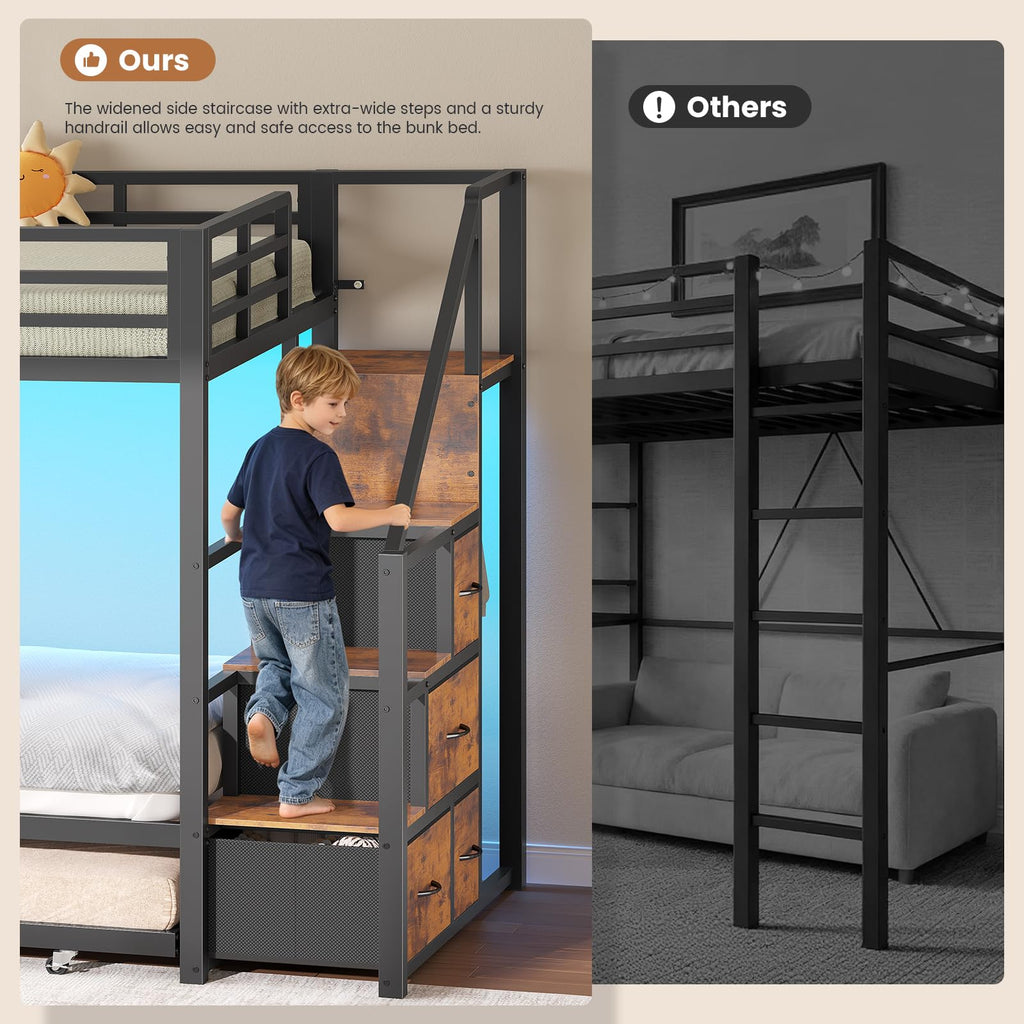 Twin Over Twin Metal Bunk Bed with Trundle and Staircase, Black F59032