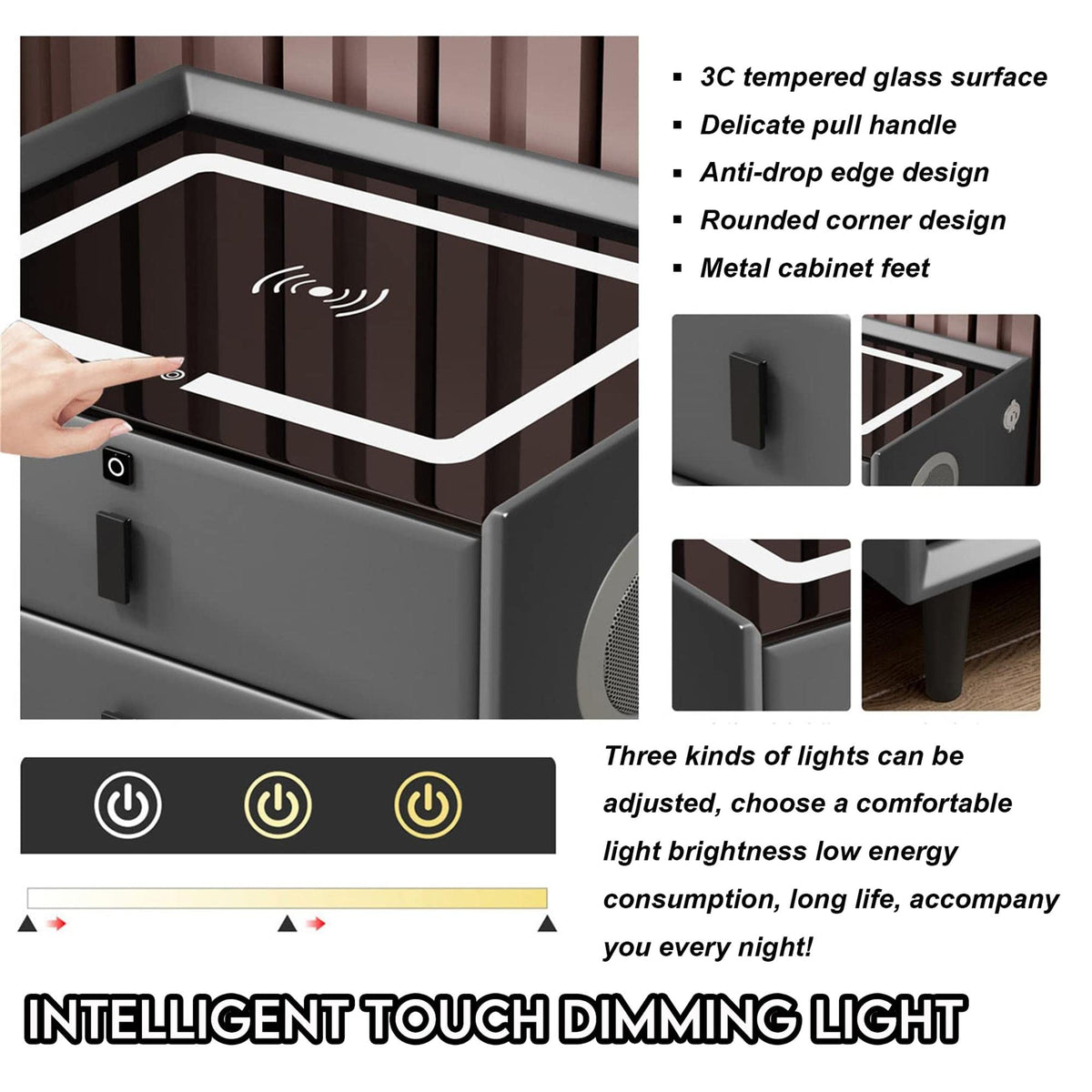 3-Color LED Nightstand with Wireless Charging Station and USB T90456