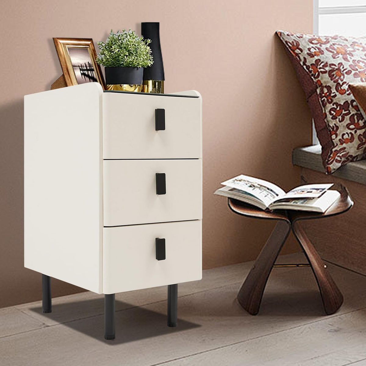 White Smart Nightstand with Wireless Charging Station & Adjustable LED Lights, 3 Drawers X783