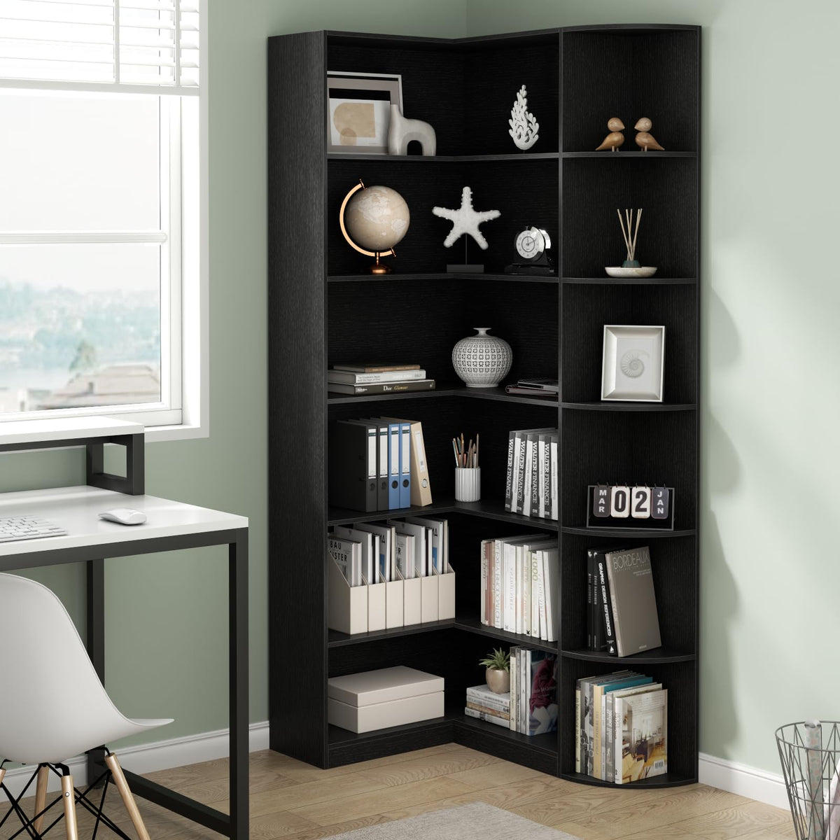 Black 6 Tiers L-Shaped Book Shelf V344