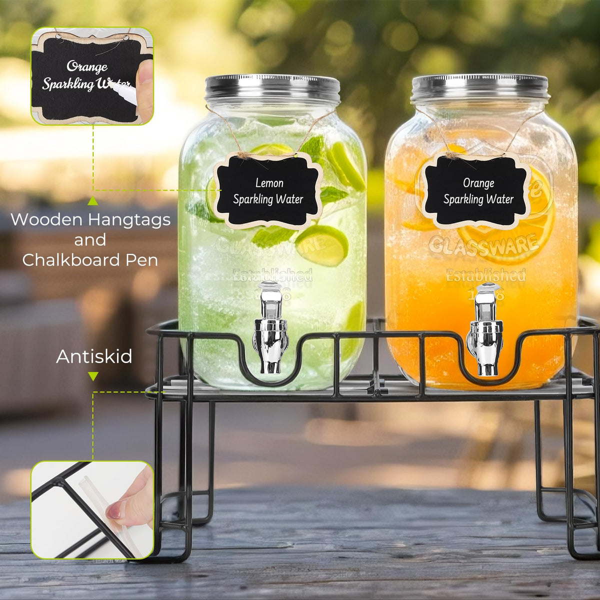 2 Pack 1 Gallon Glass Drink Dispensers with Ice Core E32857