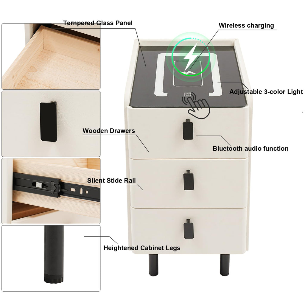 White Smart Nightstand with Wireless Charging Station & Adjustable LED Lights, 3 Drawers X783