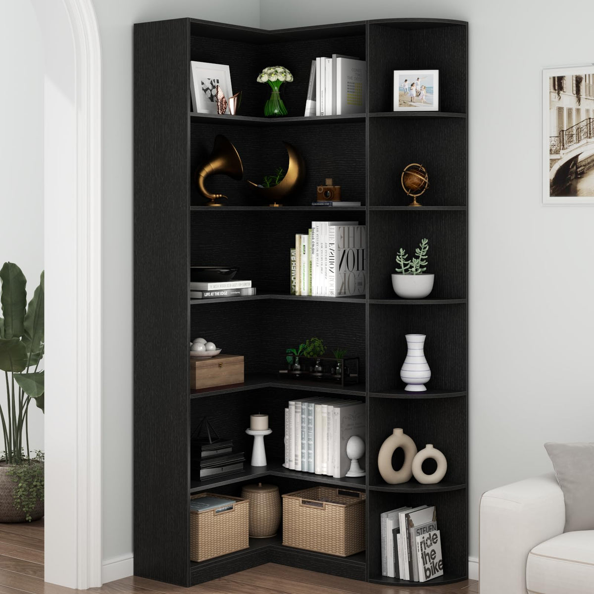 Black 6 Tiers L-Shaped Book Shelf V344