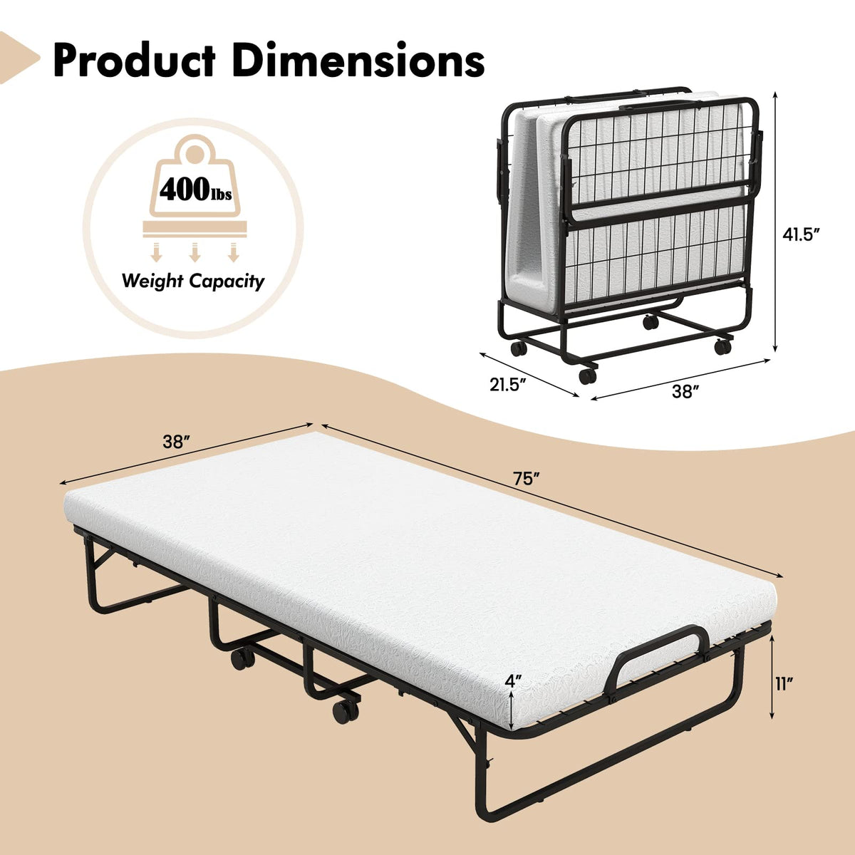 Folding Twin Size Portable Bed with 4” Memory Foam Mattress Q409