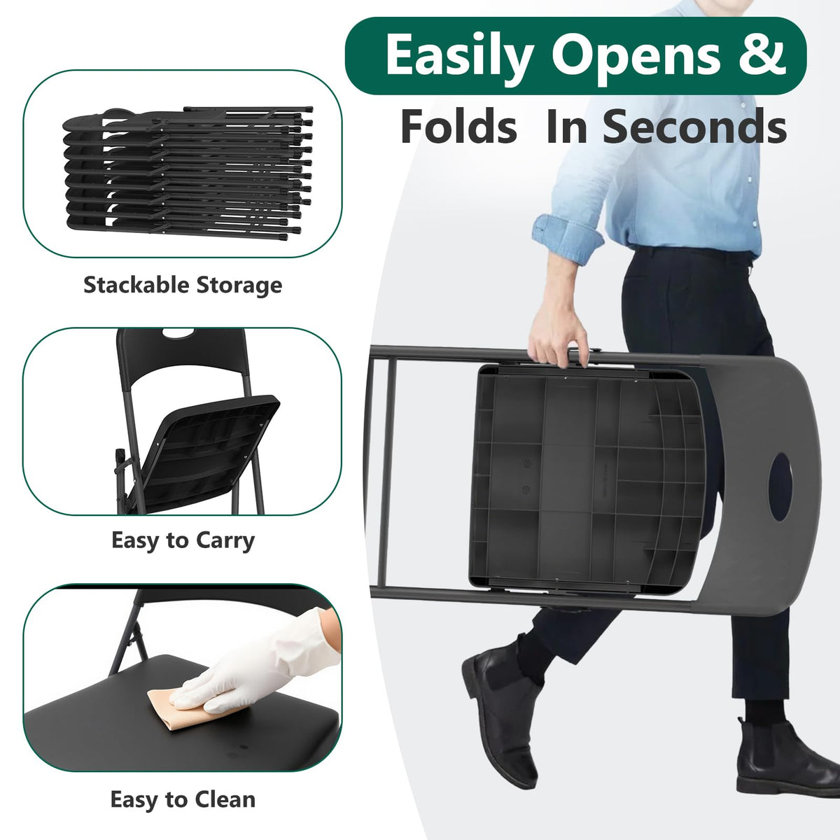 Black 10 Pack Plastic Folding Chair with Steel Frame C3934