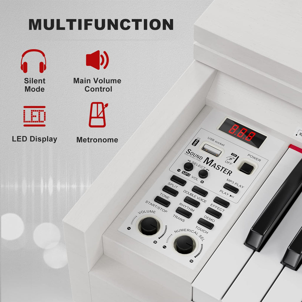 88-Key Weighted Hammer Action Digital Piano with Bench, 3 Pedal Wood Stand, White N654186