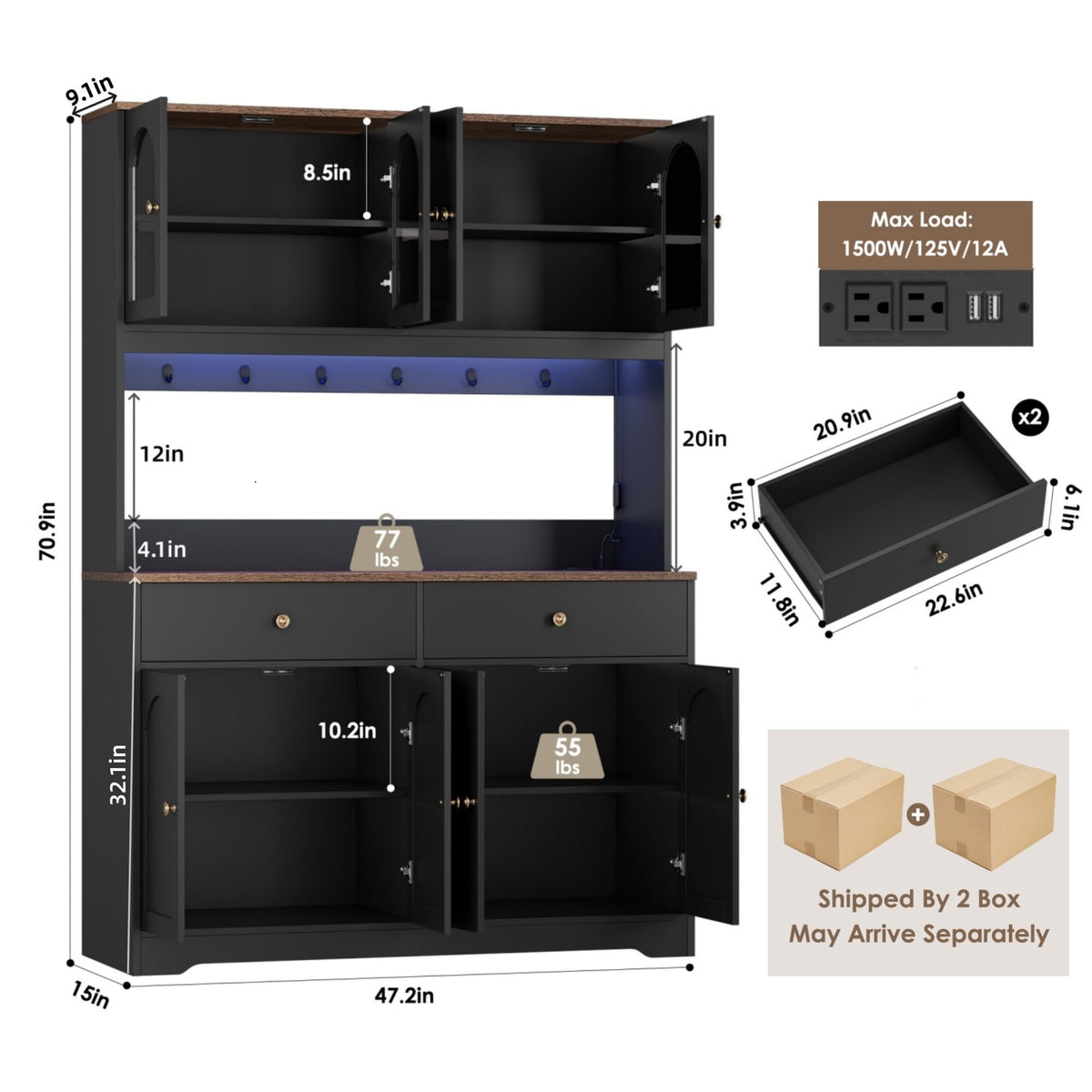 71" Black Kitchen Pantry Cabinet with Power Outlet Y825