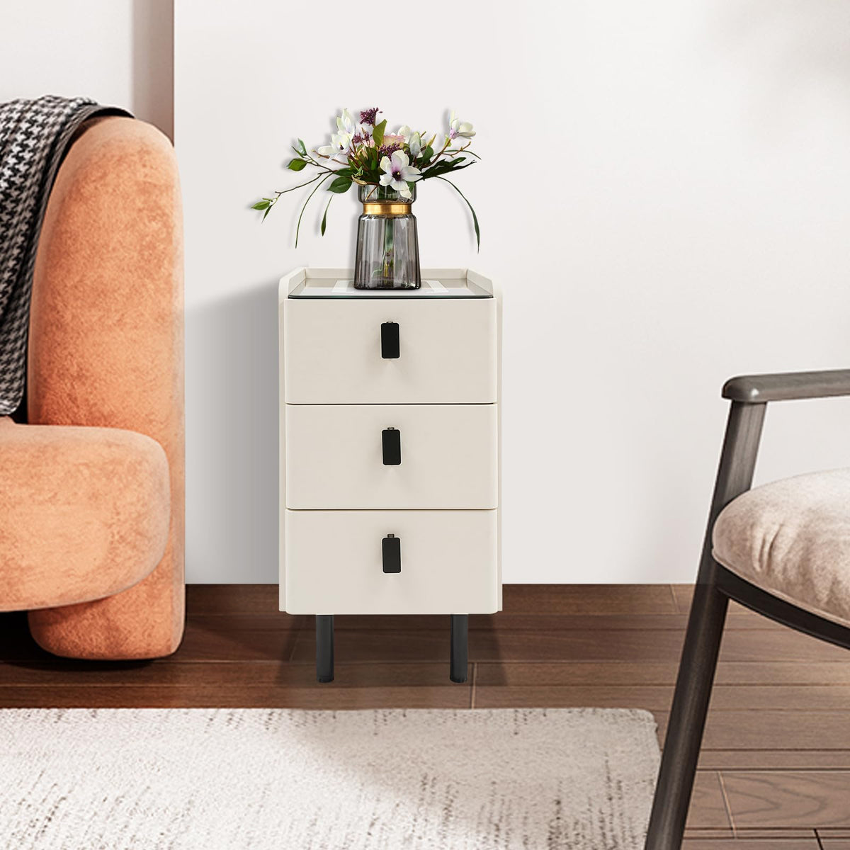 White Smart Nightstand with Wireless Charging Station & Adjustable LED Lights, 3 Drawers X783