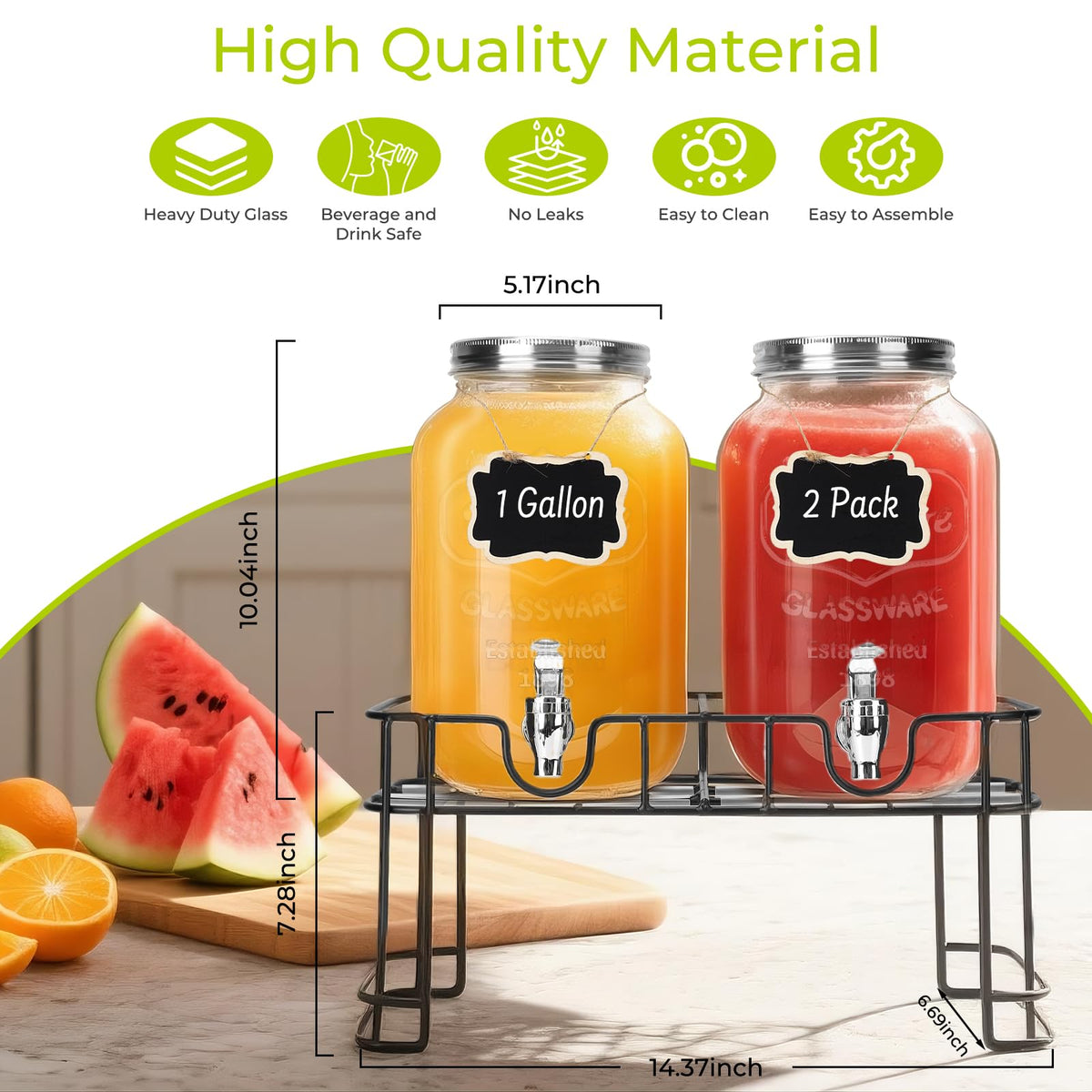 2 Pack 1 Gallon Glass Drink Dispensers with Ice Core E32857