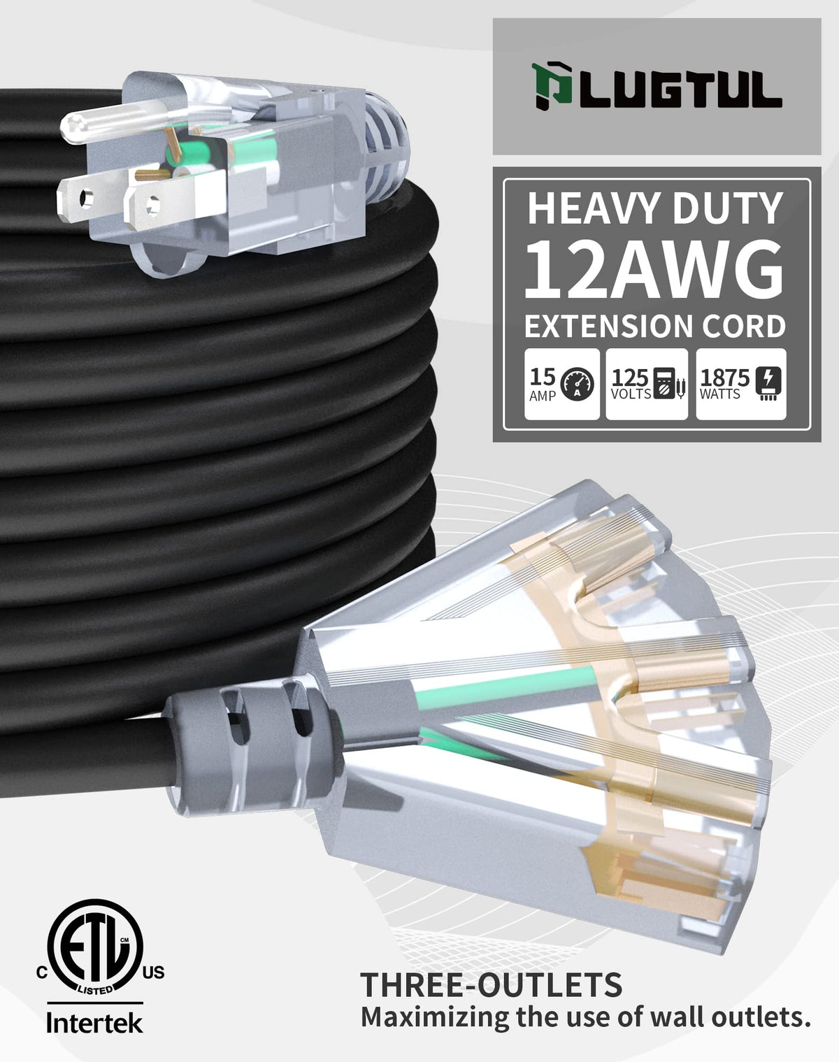 100Ft 12 Gauge Extension Cord with 3-Outlets Q622