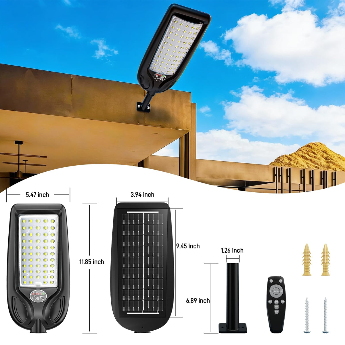 Solar Street Lights Outdoor with Remote Control, Motion Sensor, 6500K Dusk to Dawn, Waterproof Security Light O309972