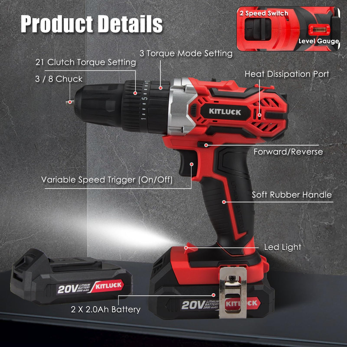 Cordless Drill Set 20V 2 Battery 44pcs Bits 3/8'' Chuck O982