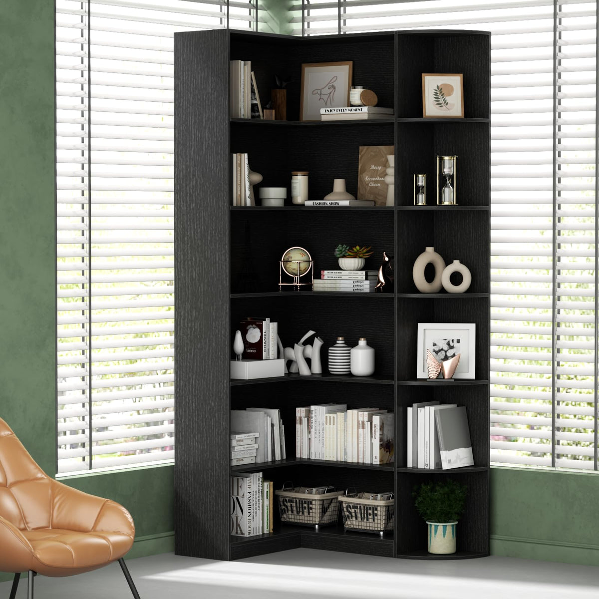 Black 6 Tiers L-Shaped Book Shelf V344
