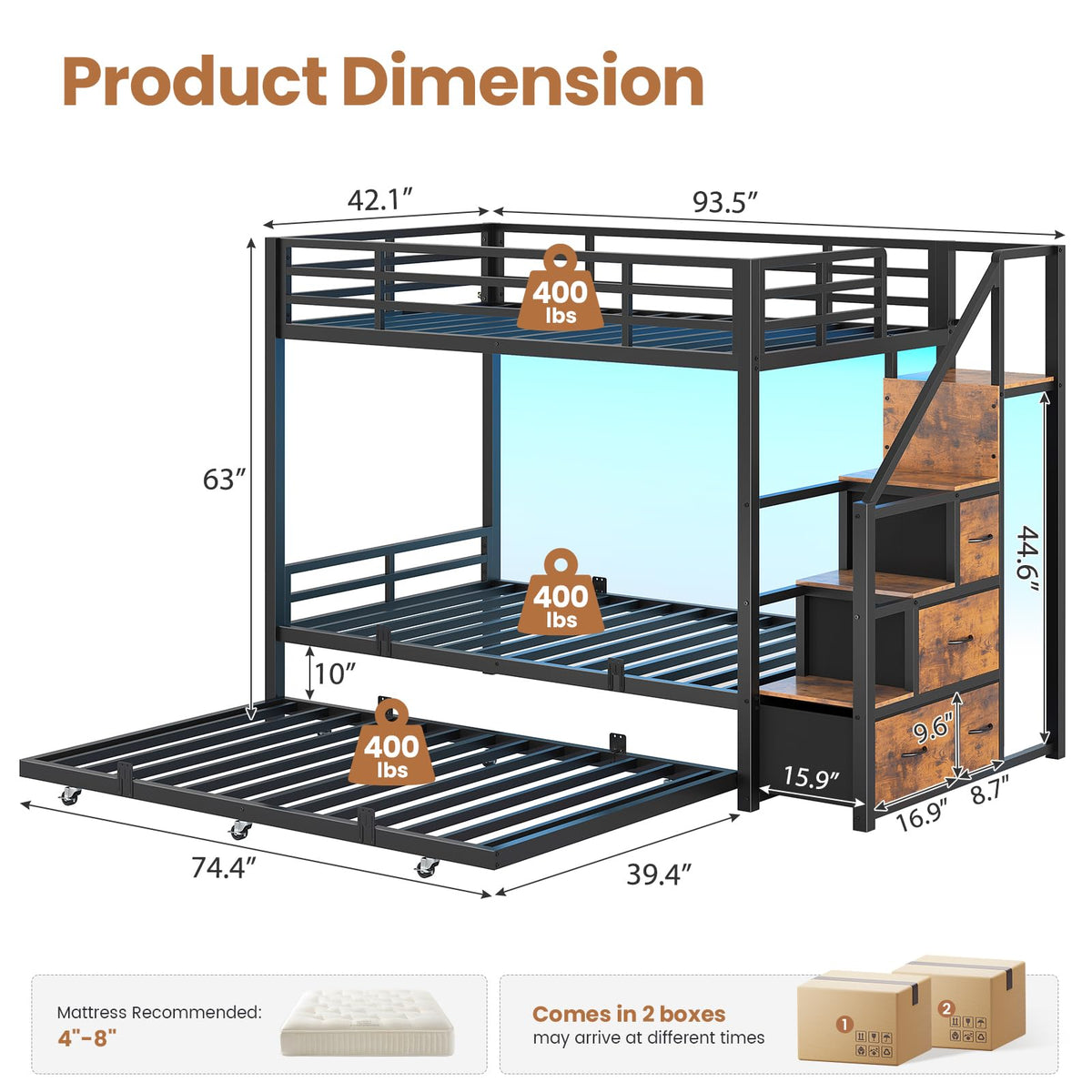Twin Over Twin Metal Bunk Bed with Trundle and Staircase, Black F59032