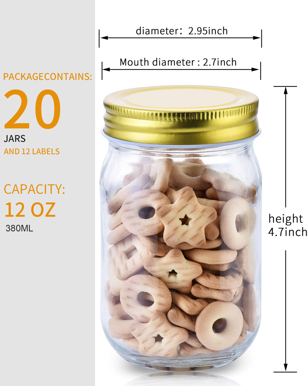 12oz Glass Mason Jars with Lids 20 Pack T578