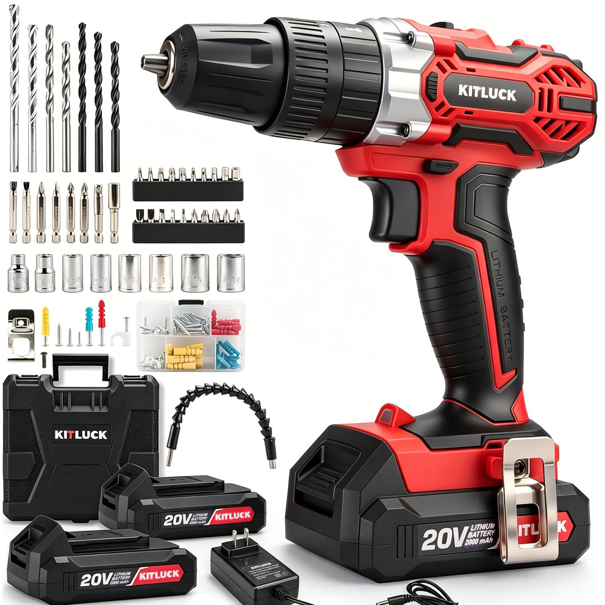 Cordless Drill Set 20V 2 Battery 44pcs Bits 3/8'' Chuck O982