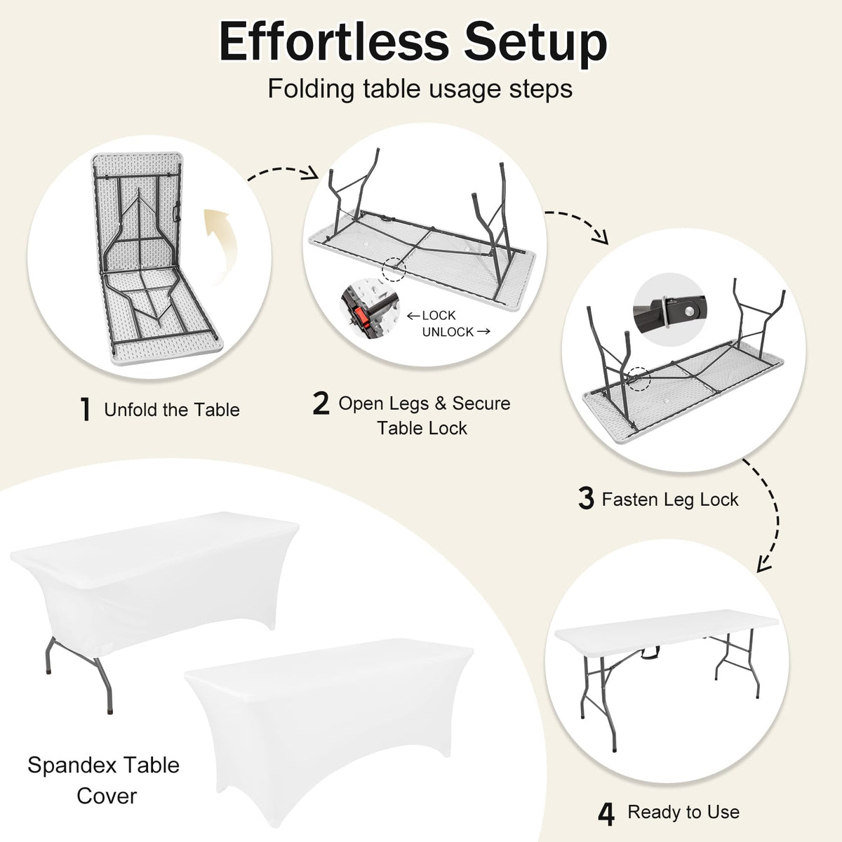 6 FT Folding Table with White Stretch Spandex Cover O44164