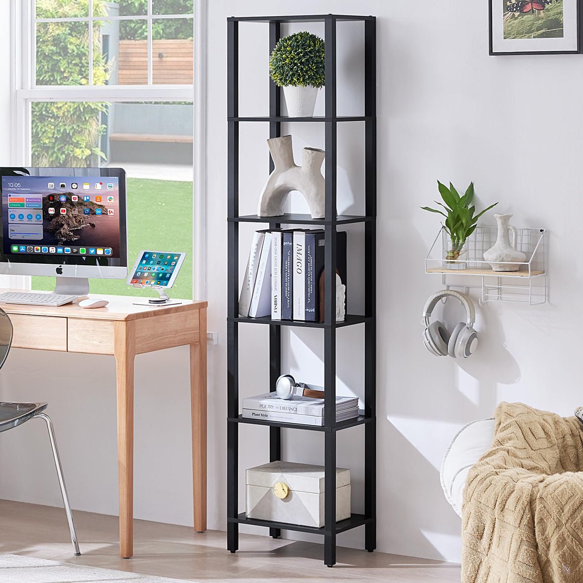 6 Tier Tall Skinny Black Bookshelf G555766