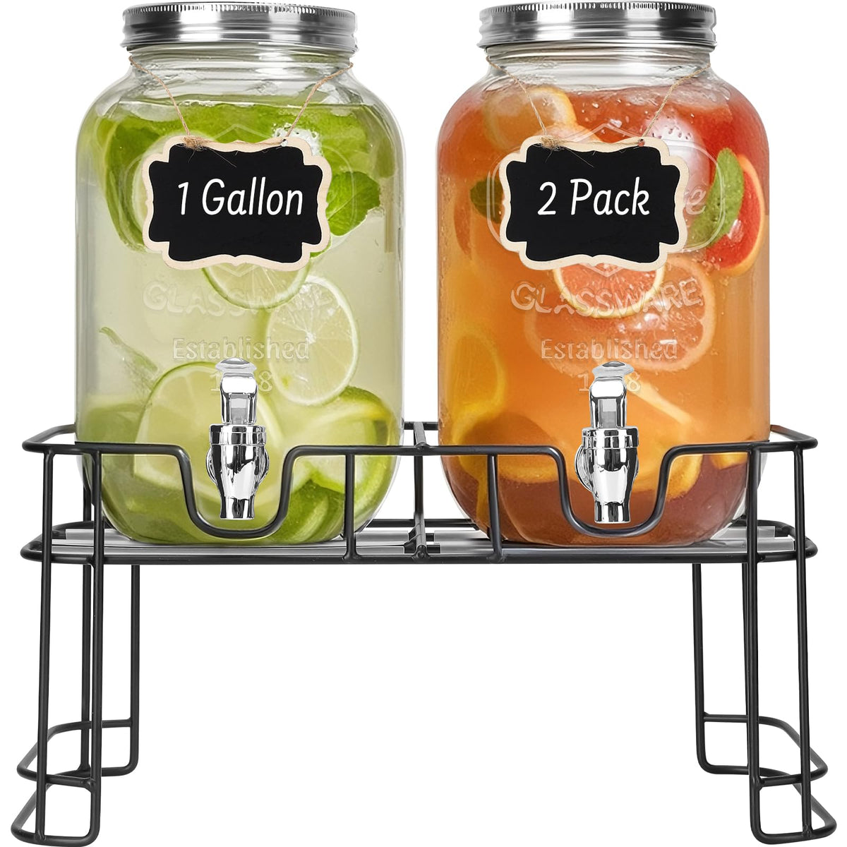 2 Pack 1 Gallon Glass Drink Dispensers with Ice Core E32857