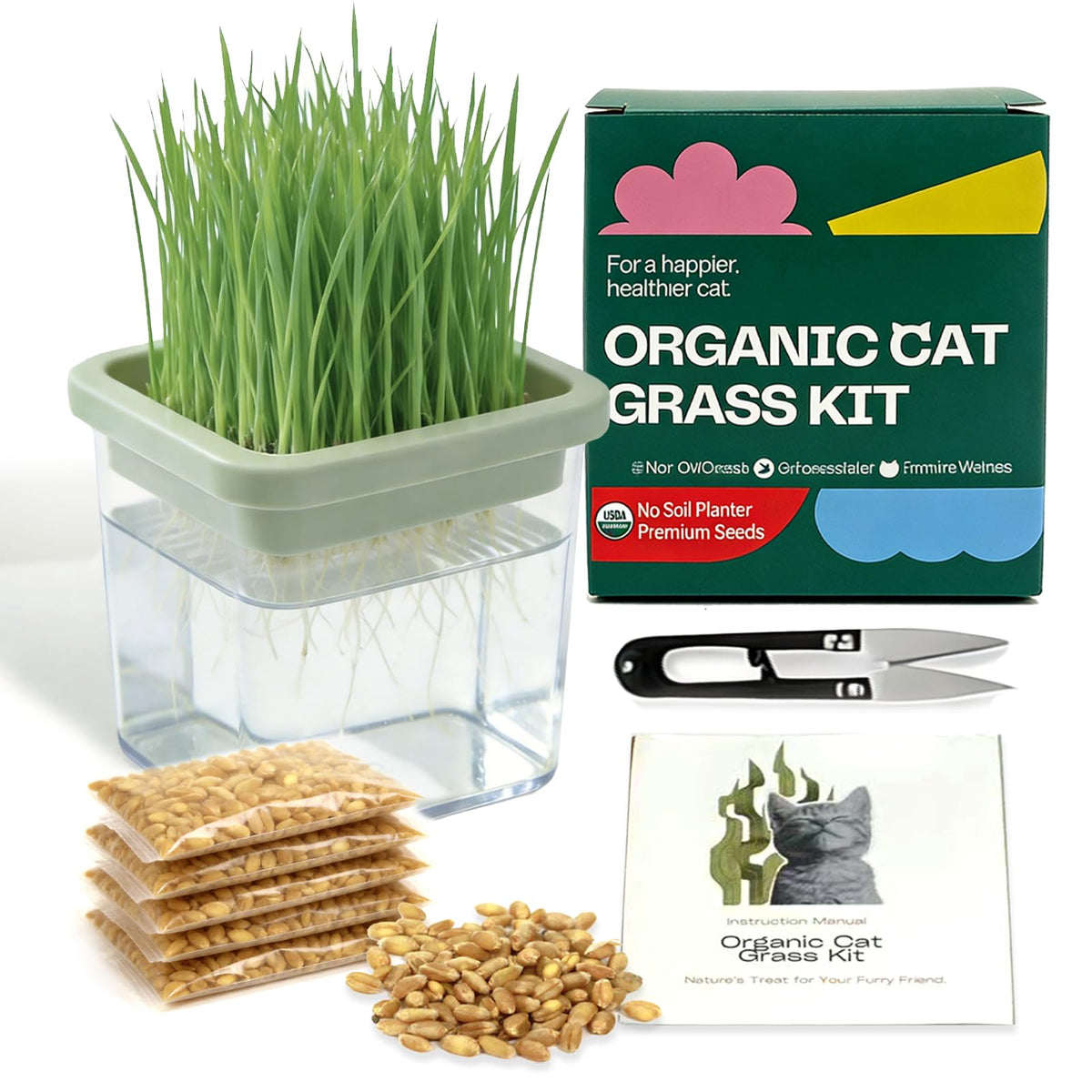 Cat Grass Kit with 5 Pack Non GMO Seeds & Scissors J176