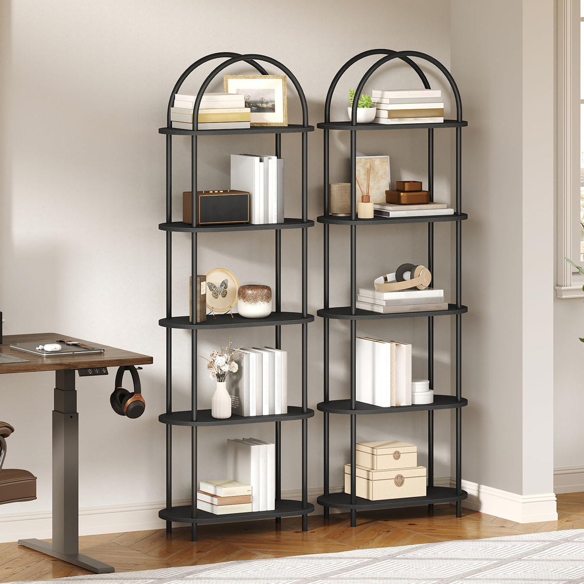5 Tier Arched Wooden Bookshelf Metal Frame M19247