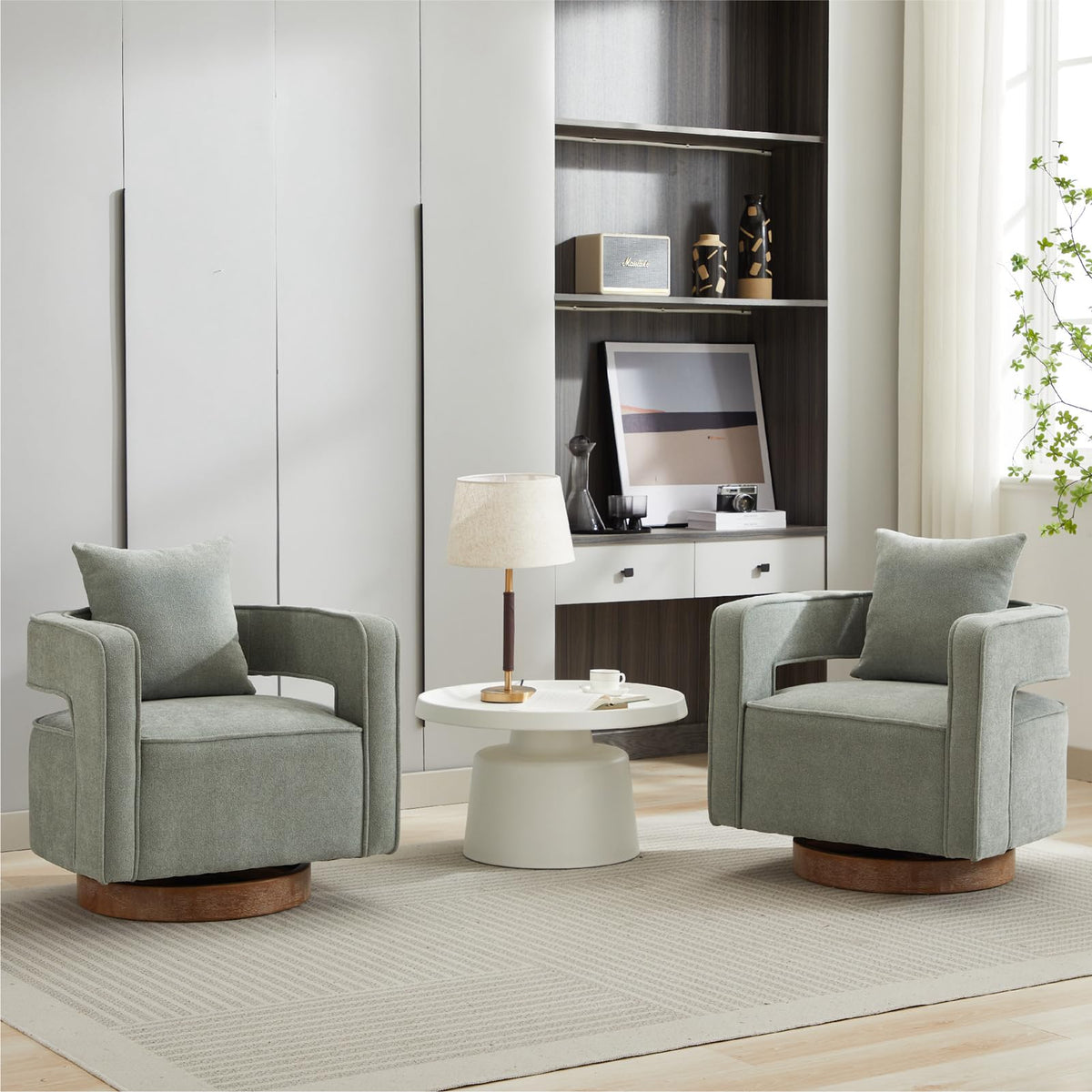 Green Linen Swivel Accent Barrel Chair Set of 2 with Solid Wood Base R798