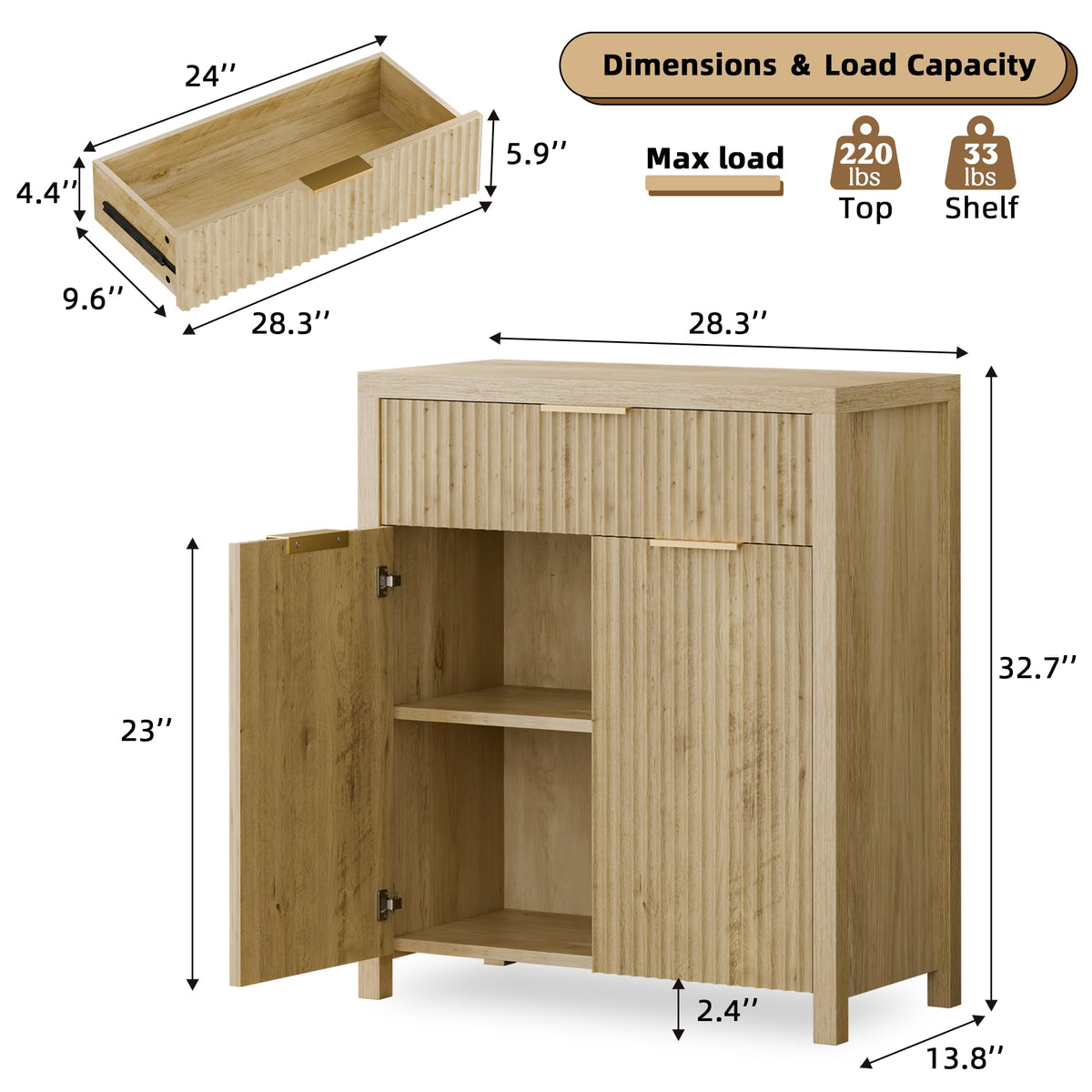 Natural Oak Storage Cabinet with Adjustable Shelves W307