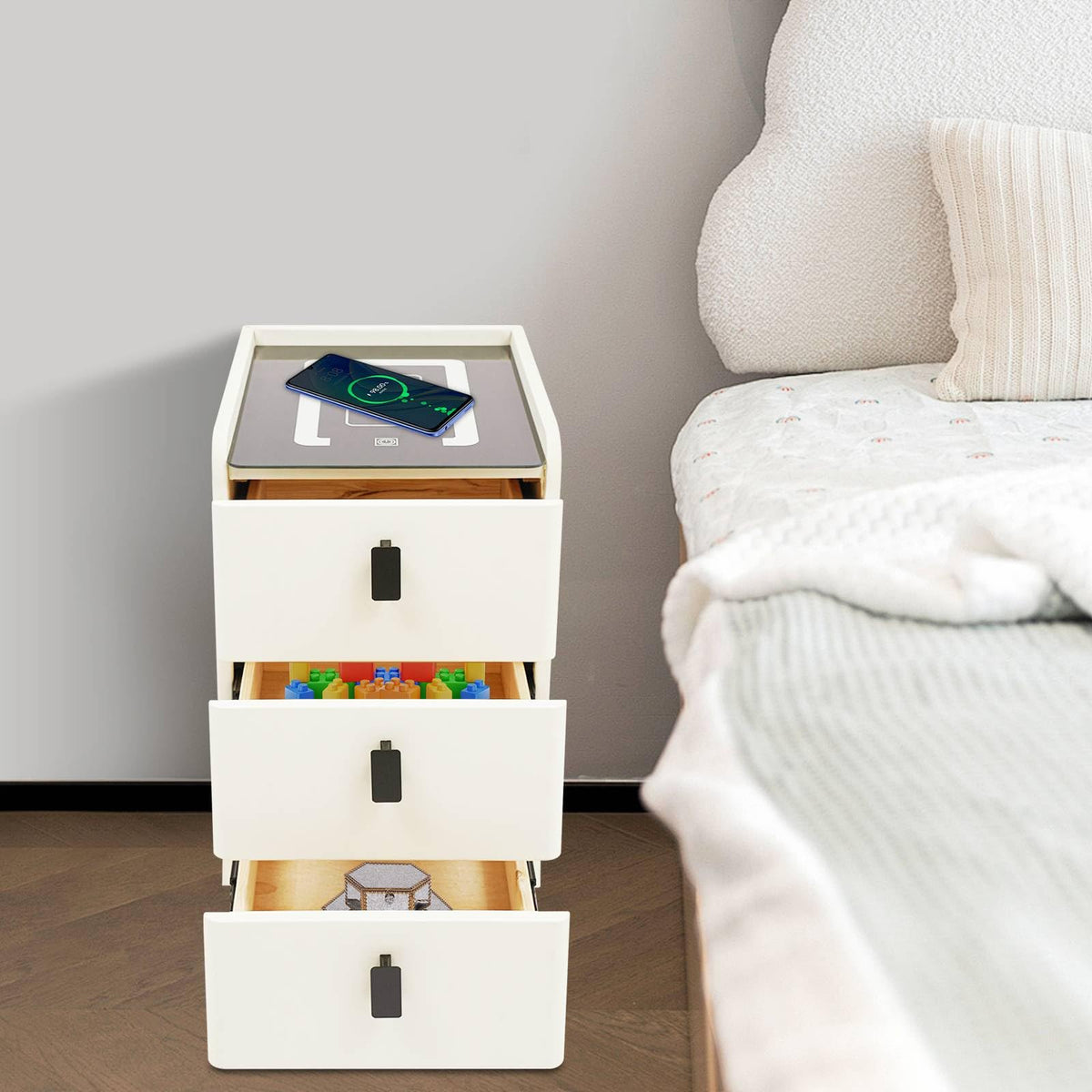 White Smart Nightstand with Wireless Charging Station & Adjustable LED Lights, 3 Drawers X783