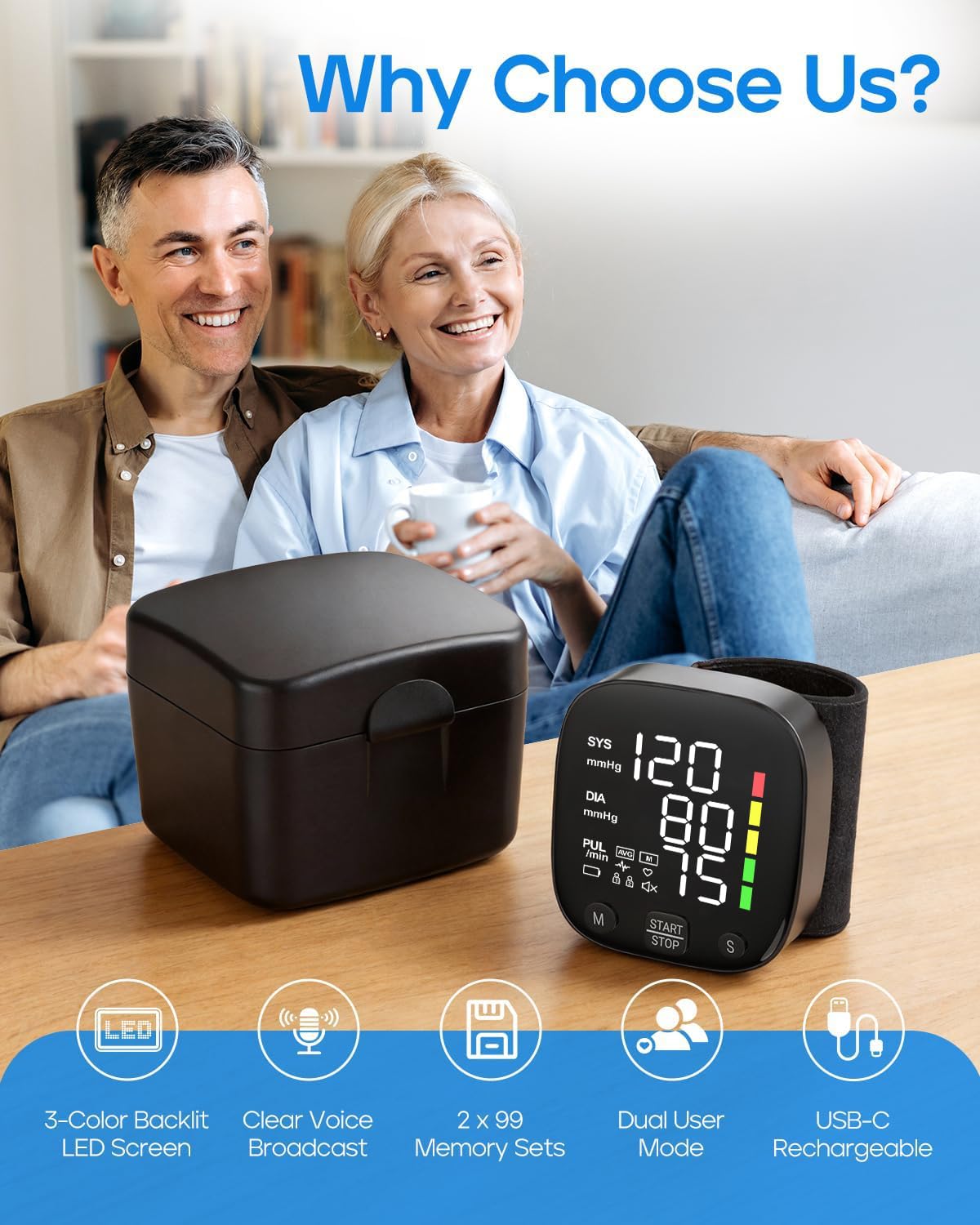 Wrist Blood Pressure Monitor LED Display 2x99 Memory Type-C Rechargeable N7535
