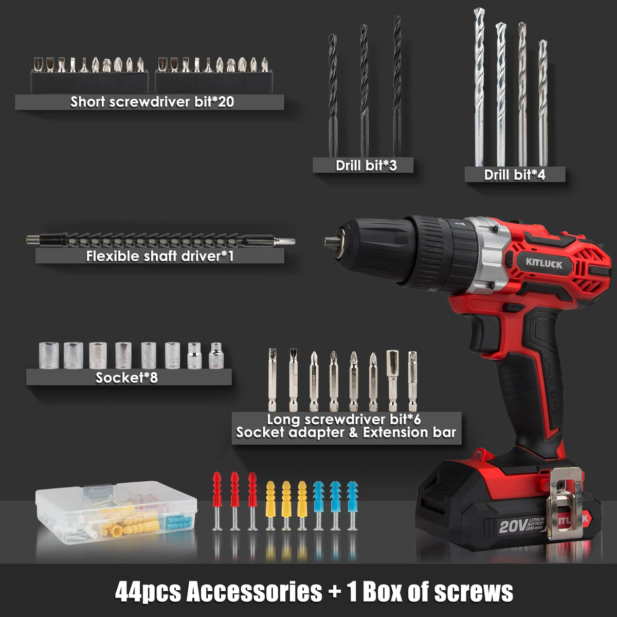 Cordless Drill Set 20V 2 Battery 44pcs Bits 3/8'' Chuck O982