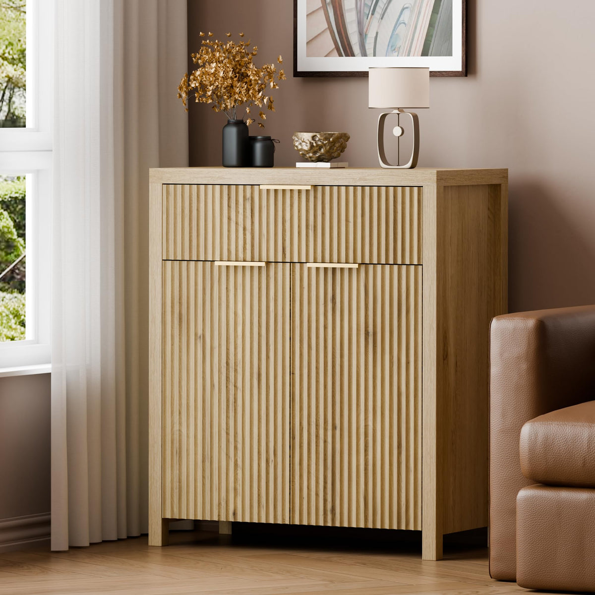 Natural Oak Storage Cabinet with Adjustable Shelves W307