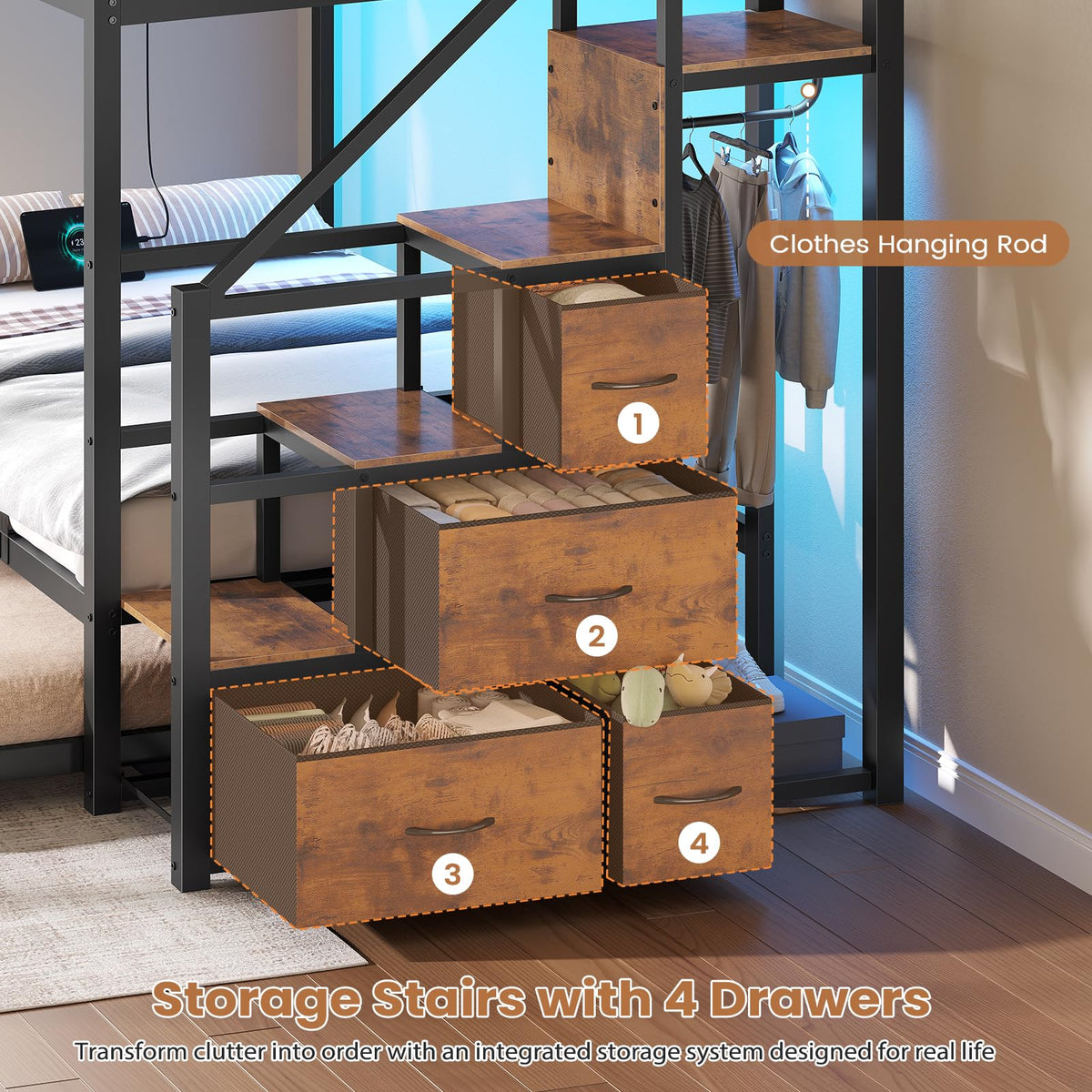 Twin Over Twin Metal Bunk Bed with Trundle and Staircase, Black F59032