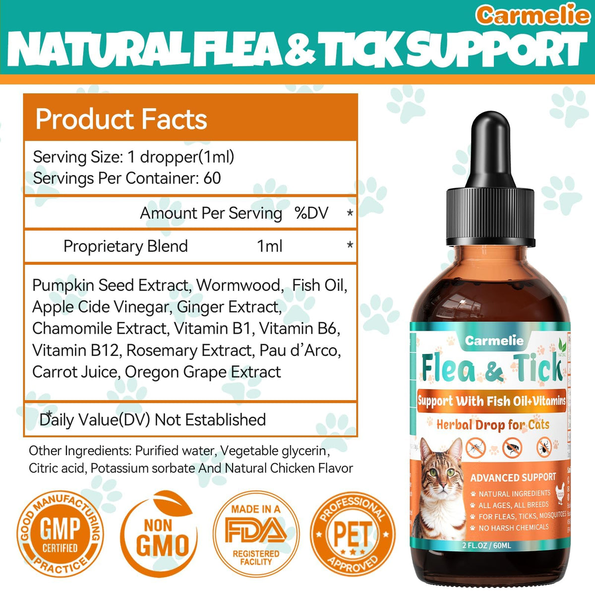 Flea and Tick Prevention for Cat with Vitamins Fish Oil 2 fl oz R7971