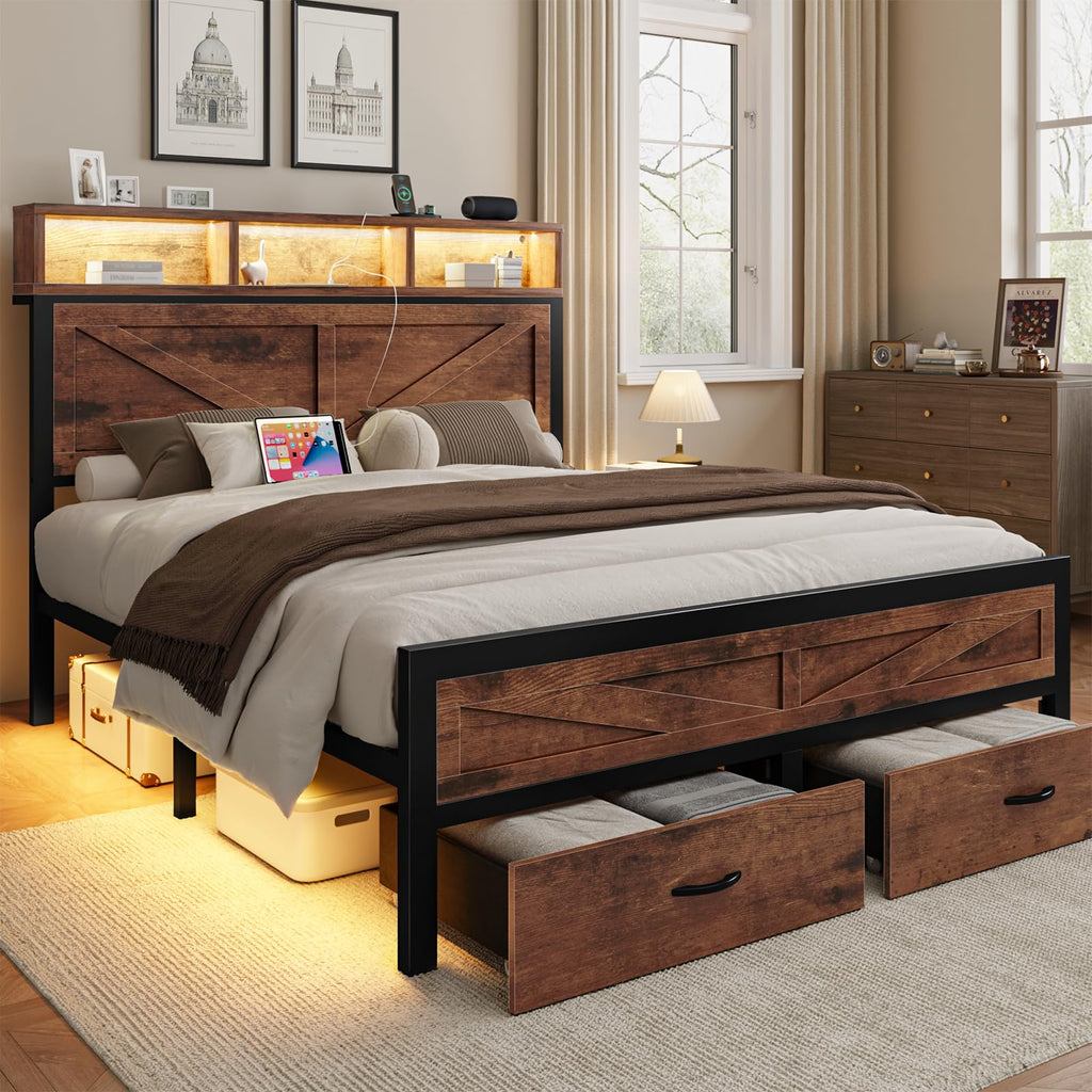 King Size Bed Frame with Storage Drawers and Charging Station B765