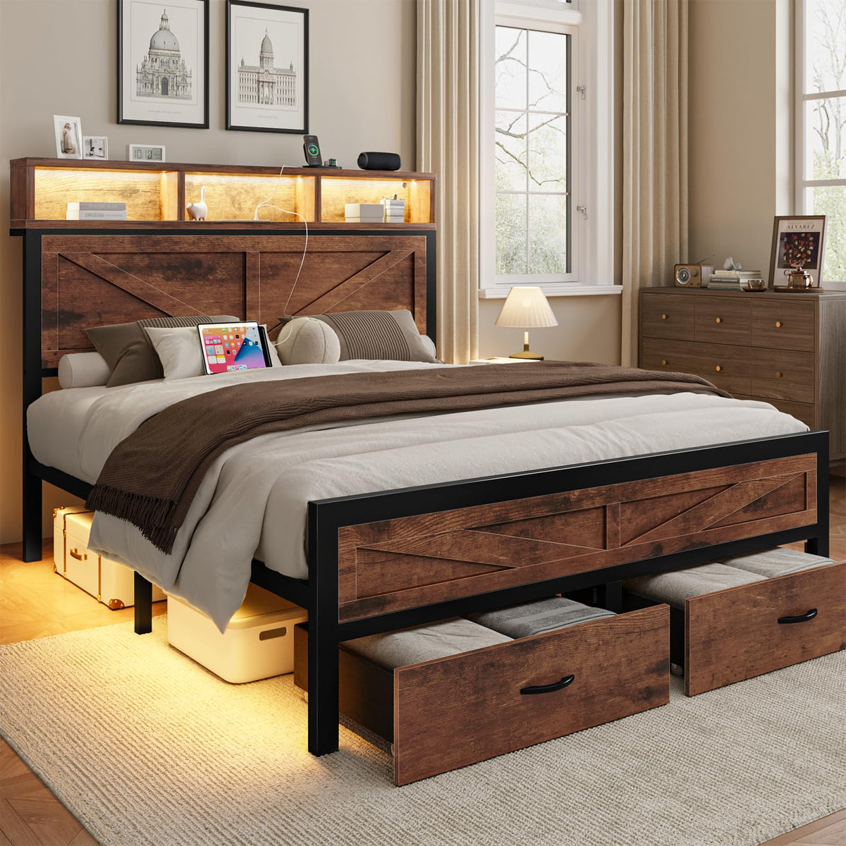 King Size Bed Frame with Storage Drawers and Charging Station B765